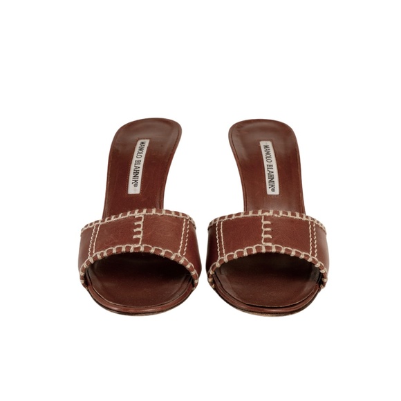 Manolo Blahnik Brown Leather Stitched Sandal Heels - Picture 2 of 6
